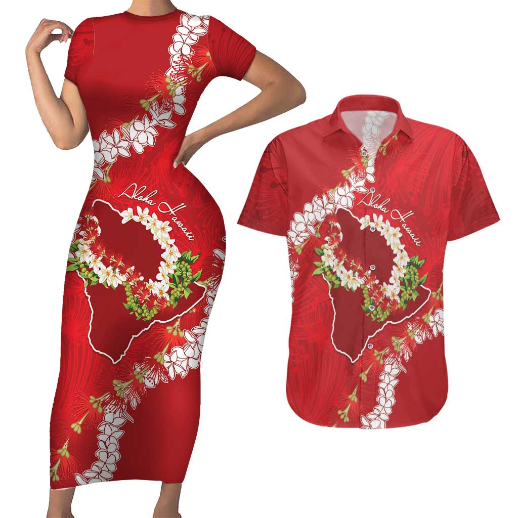 Hawaii Island Flowers Lei Couples Matching Short Sleeve Bodycon Dress and Hawaiian Shirt Ohia Lehua Scarlet Red LT7 Red - Polynesian Pride