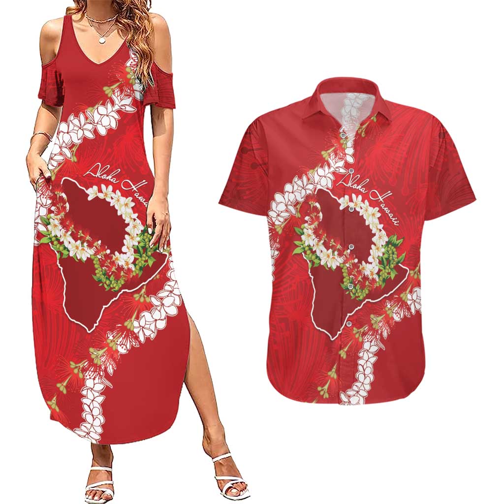 Hawaii Island Flowers Lei Couples Matching Summer Maxi Dress and Hawaiian Shirt Ohia Lehua Scarlet Red