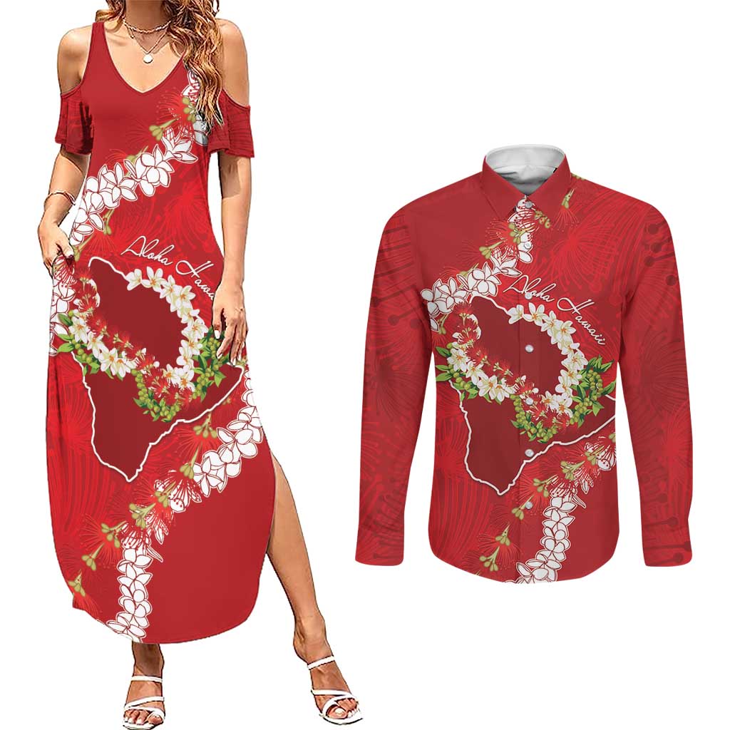 Hawaii Island Flowers Lei Couples Matching Summer Maxi Dress and Long Sleeve Button Shirt Ohia Lehua Scarlet Red
