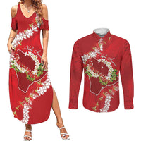 Hawaii Island Flowers Lei Couples Matching Summer Maxi Dress and Long Sleeve Button Shirt Ohia Lehua Scarlet Red