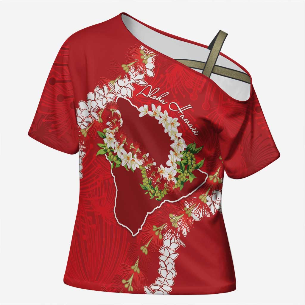 Hawaii Island Flowers Lei Cross Shoulder Shirt Ohia Lehua Scarlet Red