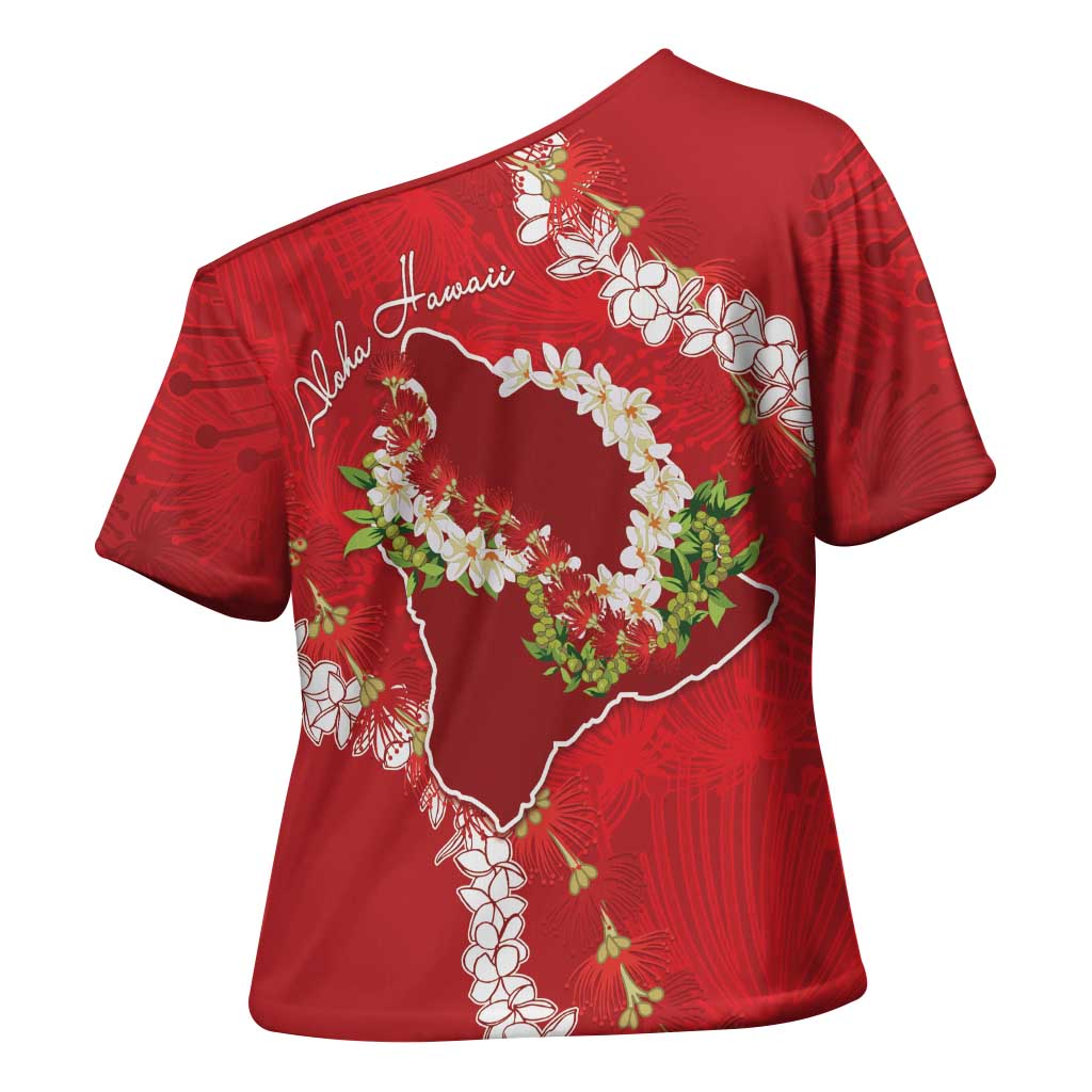 Hawaii Island Flowers Lei Cross Shoulder Shirt Ohia Lehua Scarlet Red