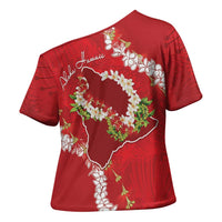 Hawaii Island Flowers Lei Cross Shoulder Shirt Ohia Lehua Scarlet Red