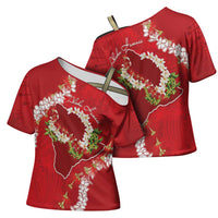 Hawaii Island Flowers Lei Cross Shoulder Shirt Ohia Lehua Scarlet Red