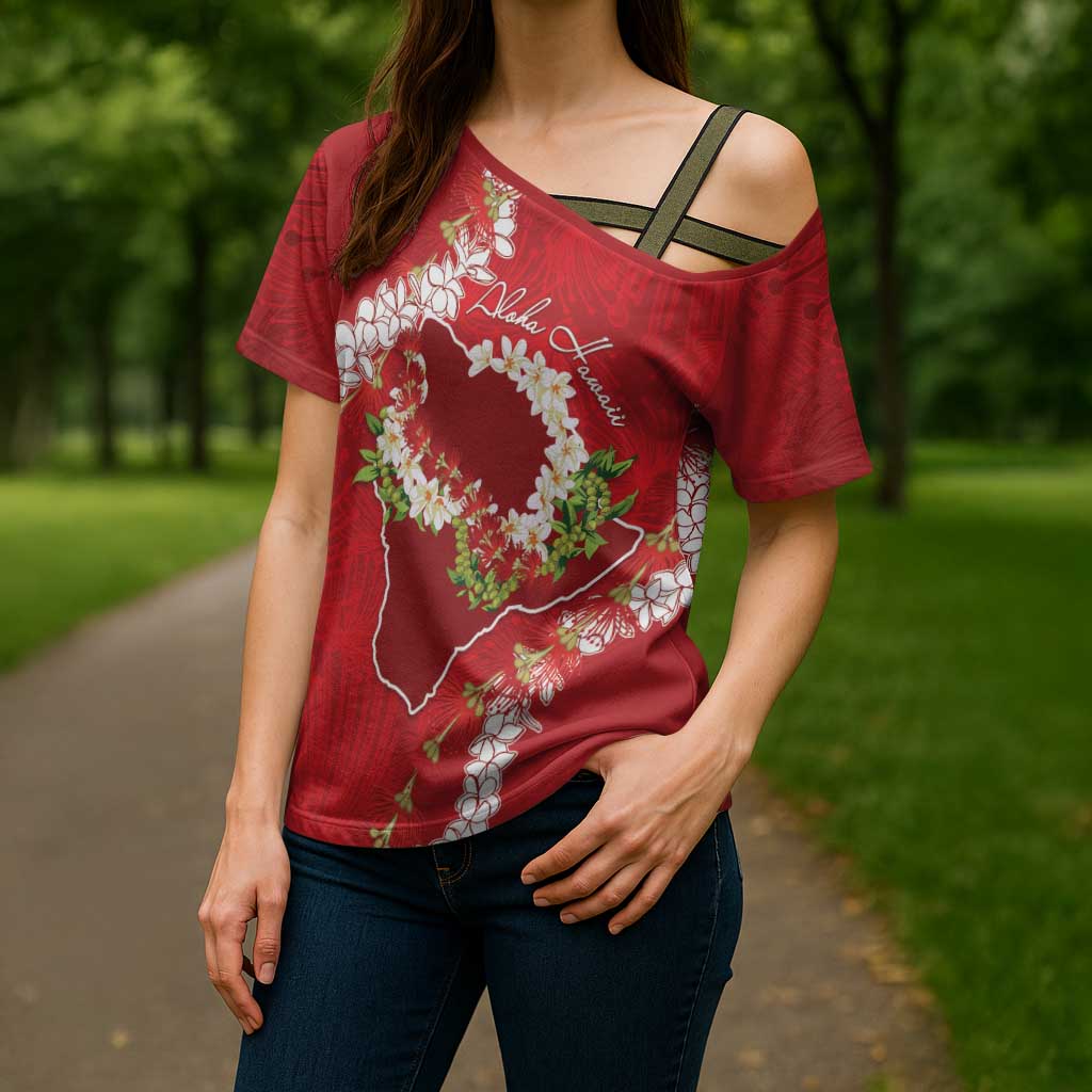 Hawaii Island Flowers Lei Cross Shoulder Shirt Ohia Lehua Scarlet Red