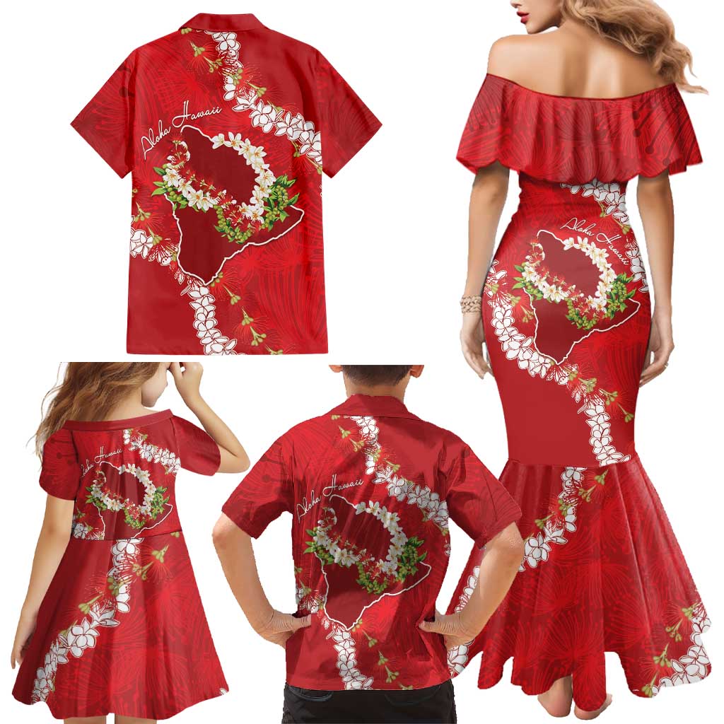 Hawaii Island Flowers Lei Family Matching Mermaid Dress and Hawaiian Shirt Ohia Lehua Scarlet Red LT7 - Polynesian Pride