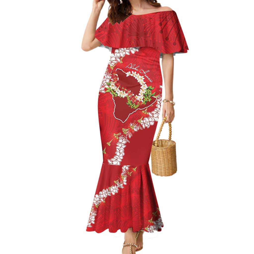 Hawaii Island Flowers Lei Family Matching Mermaid Dress and Hawaiian Shirt Ohia Lehua Scarlet Red LT7 Mom's Dress Red - Polynesian Pride