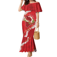 Hawaii Island Flowers Lei Family Matching Mermaid Dress and Hawaiian Shirt Ohia Lehua Scarlet Red LT7 Mom's Dress Red - Polynesian Pride