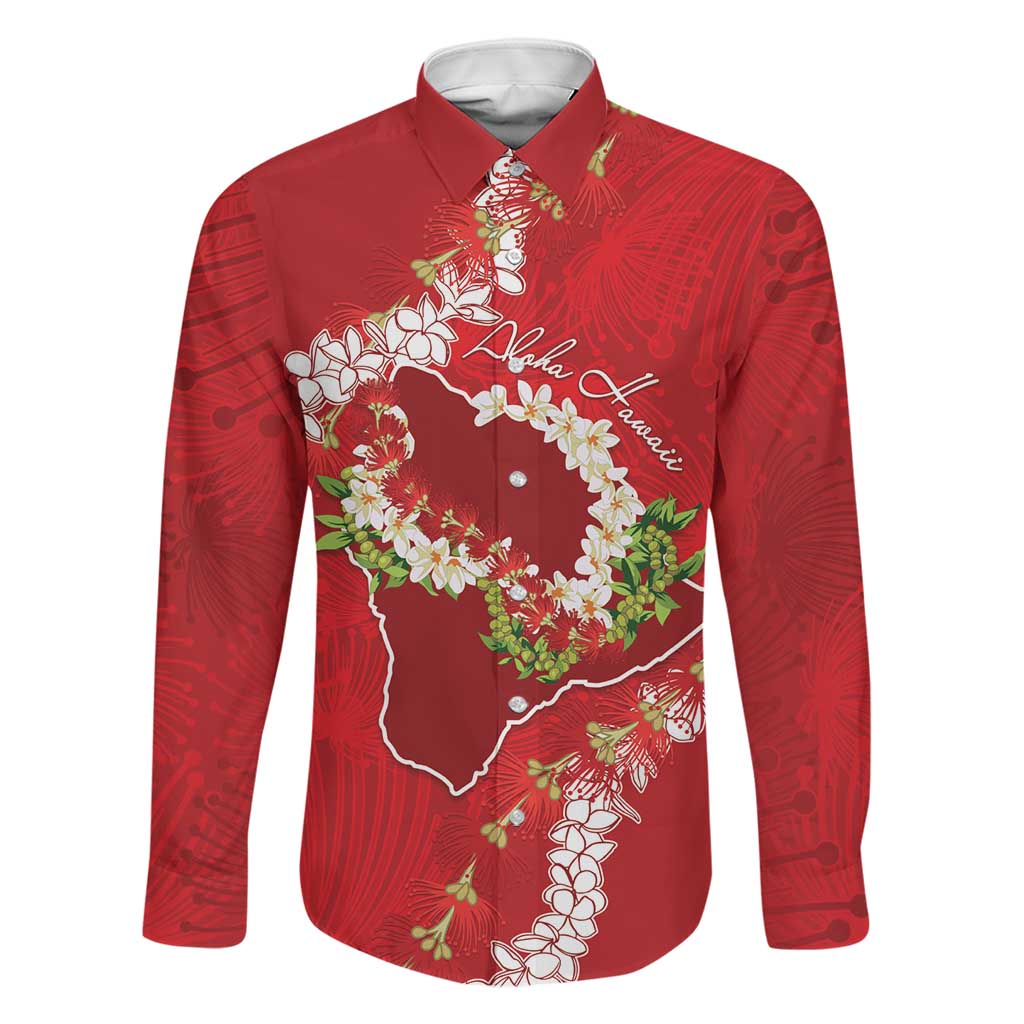 Hawaii Island Flowers Lei Family Matching Off The Shoulder Long Sleeve Dress and Hawaiian Shirt Ohia Lehua Scarlet Red LT7 Dad's Shirt - Long Sleeve Red - Polynesian Pride