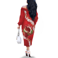 Hawaii Island Flowers Lei Family Matching Off The Shoulder Long Sleeve Dress and Hawaiian Shirt Ohia Lehua Scarlet Red LT7 - Polynesian Pride