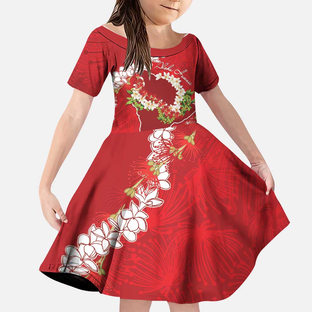 Hawaii Island Flowers Lei Family Matching Off Shoulder Maxi Dress and Hawaiian Shirt Ohia Lehua Scarlet Red LT7 Daughter's Dress Red - Polynesian Pride