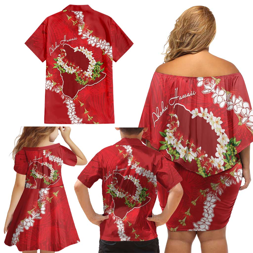 Hawaii Island Flowers Lei Family Matching Off Shoulder Short Dress and Hawaiian Shirt Ohia Lehua Scarlet Red LT7 - Polynesian Pride