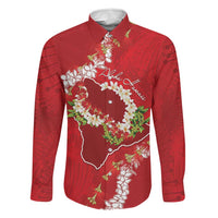 Hawaii Island Flowers Lei Family Matching Off Shoulder Short Dress and Hawaiian Shirt Ohia Lehua Scarlet Red LT7 Dad's Shirt - Long Sleeve Red - Polynesian Pride