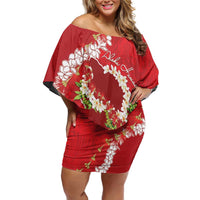 Hawaii Island Flowers Lei Family Matching Off Shoulder Short Dress and Hawaiian Shirt Ohia Lehua Scarlet Red LT7 Mom's Dress Red - Polynesian Pride