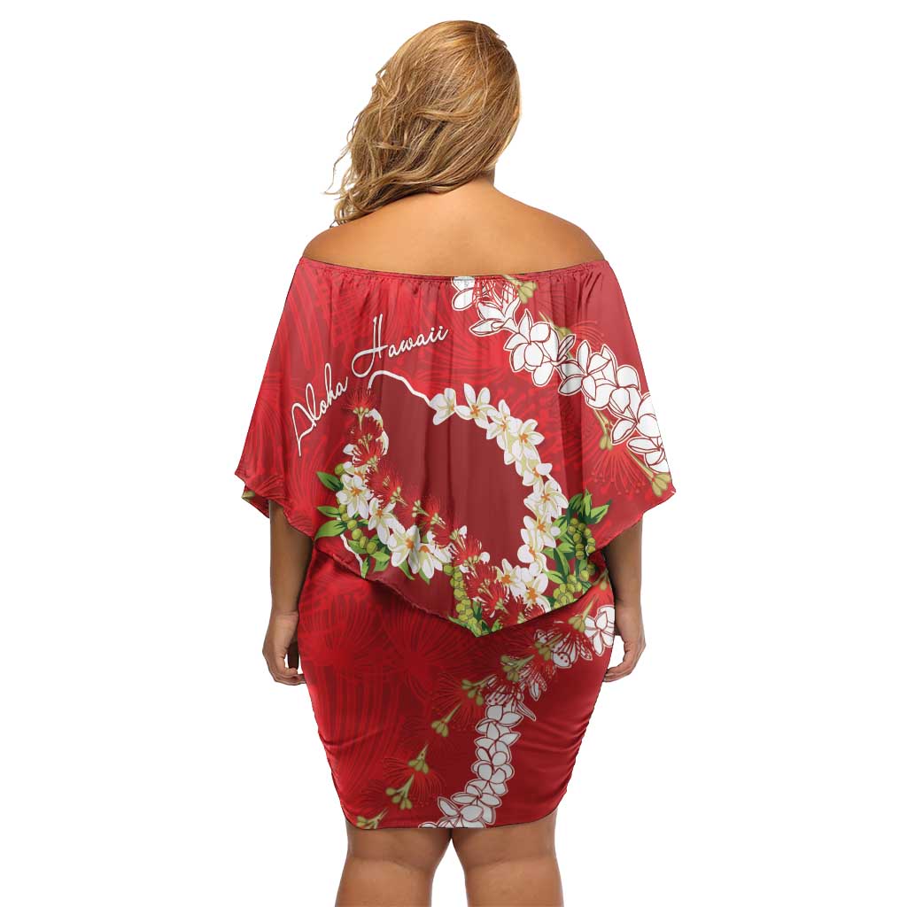 Hawaii Island Flowers Lei Family Matching Off Shoulder Short Dress and Hawaiian Shirt Ohia Lehua Scarlet Red LT7 - Polynesian Pride