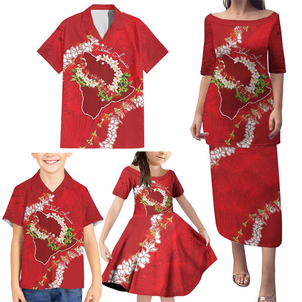 Hawaii Island Flowers Lei Family Matching Puletasi and Hawaiian Shirt Ohia Lehua Scarlet Red