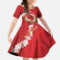 Hawaii Island Flowers Lei Family Matching Tank Maxi Dress and Hawaiian Shirt Ohia Lehua Scarlet Red LT7 Daughter's Dress Red - Polynesian Pride