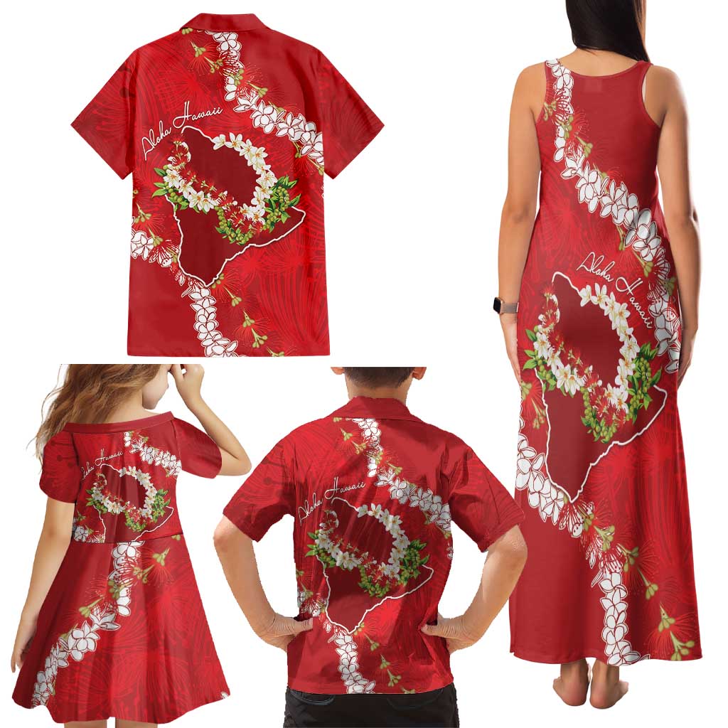 Hawaii Island Flowers Lei Family Matching Tank Maxi Dress and Hawaiian Shirt Ohia Lehua Scarlet Red LT7 - Polynesian Pride