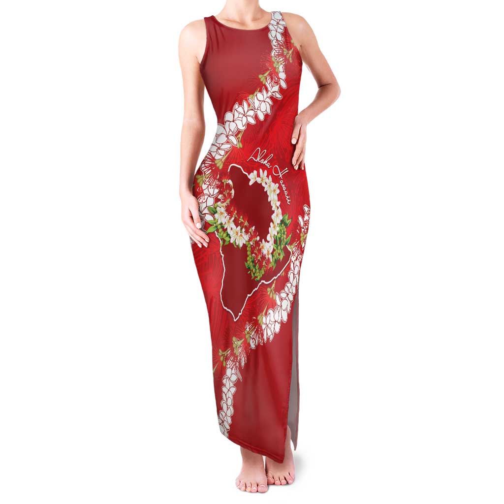 Hawaii Island Flowers Lei Family Matching Tank Maxi Dress and Hawaiian Shirt Ohia Lehua Scarlet Red LT7 Mom's Dress Red - Polynesian Pride