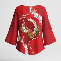 Hawaii Island Flowers Lei Kimono Sleeve Blouse Ohia Lehua Scarlet Red