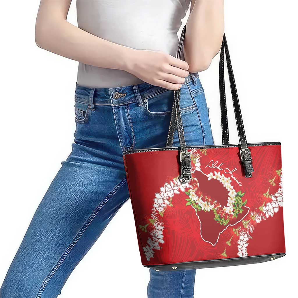 Hawaii Island Flowers Lei Leather Tote Bag Ohia Lehua Scarlet Red