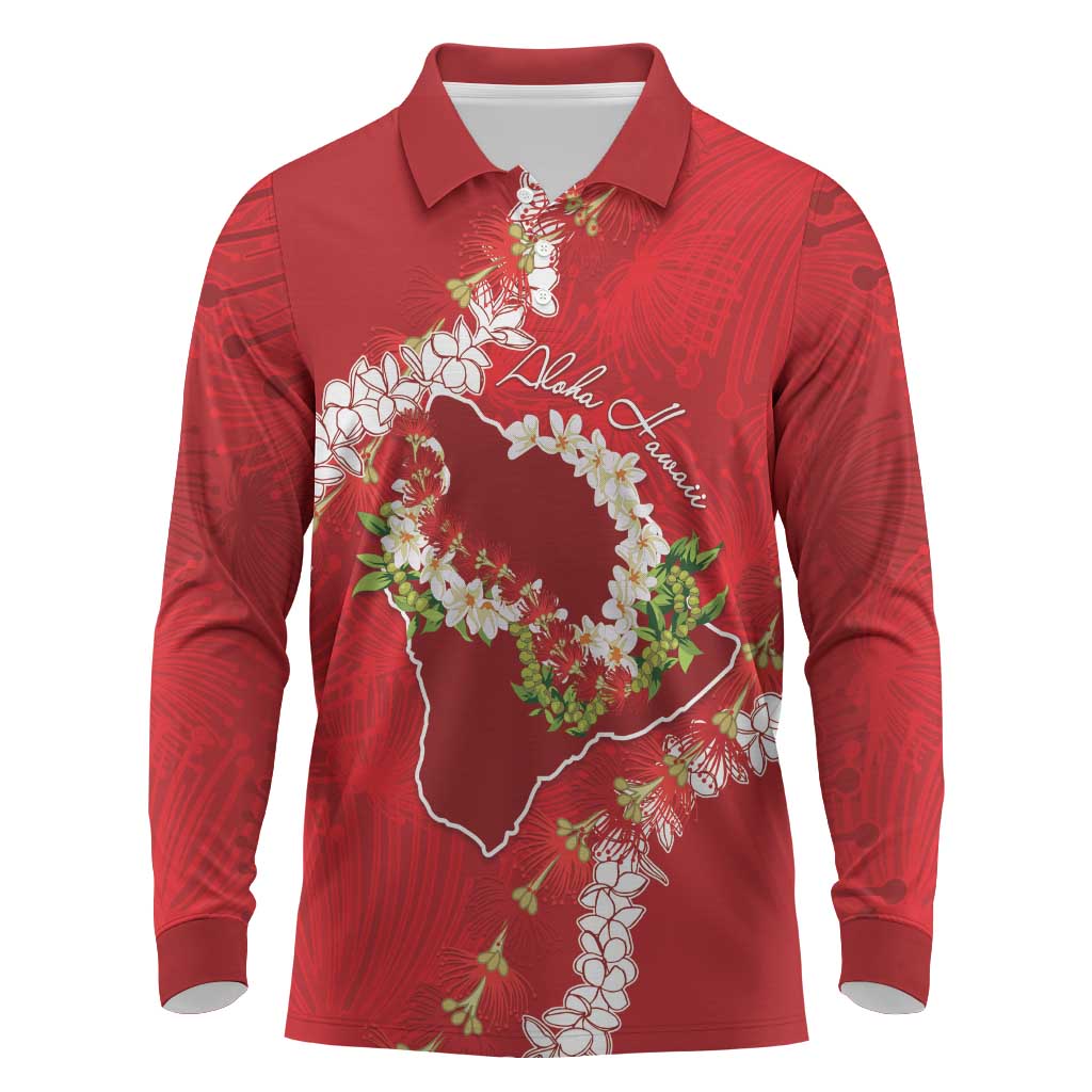 Hawaii Island Flowers Lei Long Sleeve Polo Shirt Ohia Lehua Scarlet Red