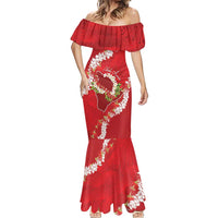 Hawaii Island Flowers Lei Mermaid Dress Ohia Lehua Scarlet Red