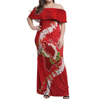 Hawaii Island Flowers Lei Off Shoulder Maxi Dress Ohia Lehua Scarlet Red