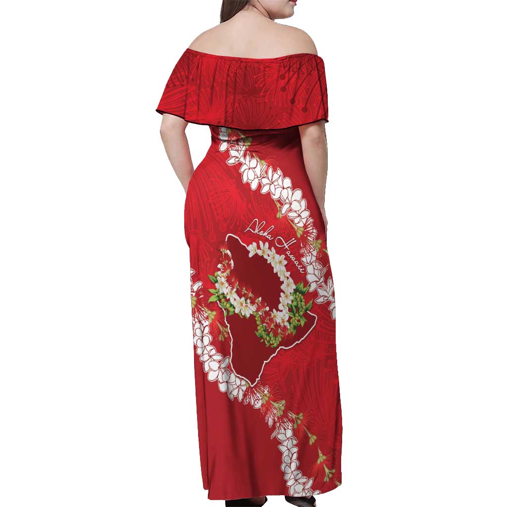 Hawaii Island Flowers Lei Off Shoulder Maxi Dress Ohia Lehua Scarlet Red