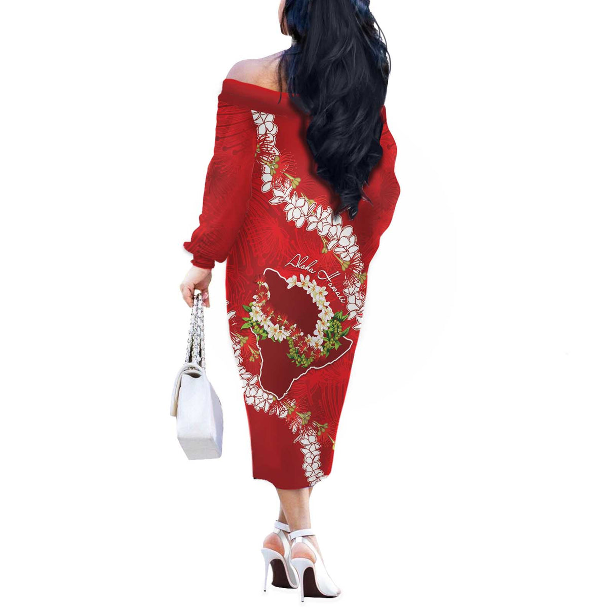 Hawaii Island Flowers Lei Off The Shoulder Long Sleeve Dress Ohia Lehua Scarlet Red