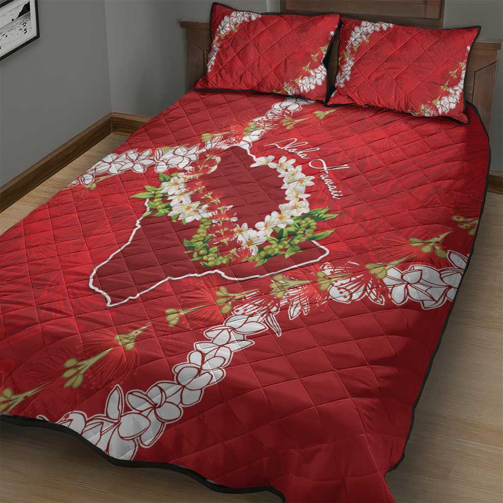 Hawaii Island Flowers Lei Quilt Bed Set Ohia Lehua Scarlet Red