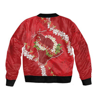Hawaii Island Flowers Lei Sleeve Zip Bomber Jacket Ohia Lehua Scarlet Red