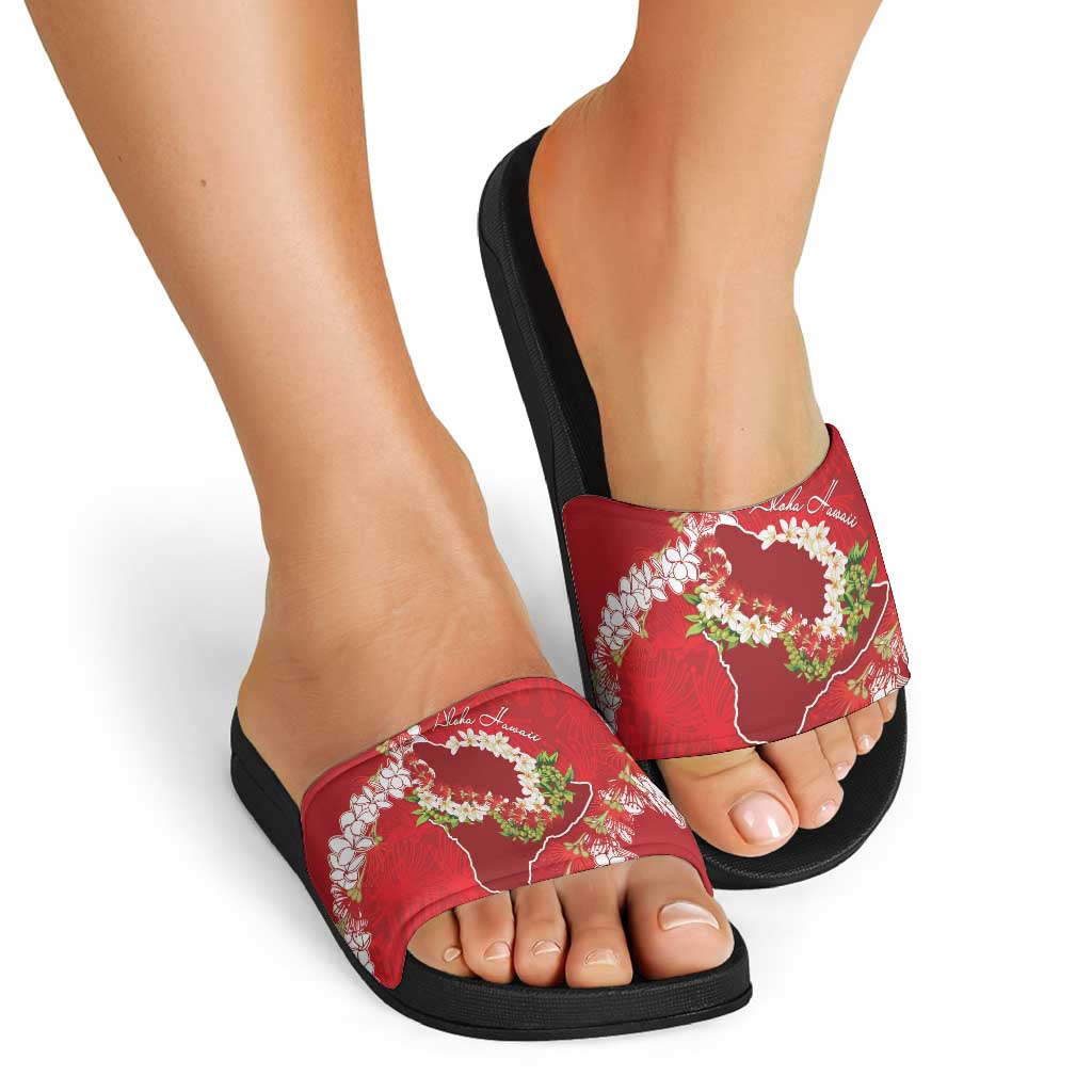 Hawaii Island Flowers Lei Slide Sandals Ohia Lehua Scarlet Red