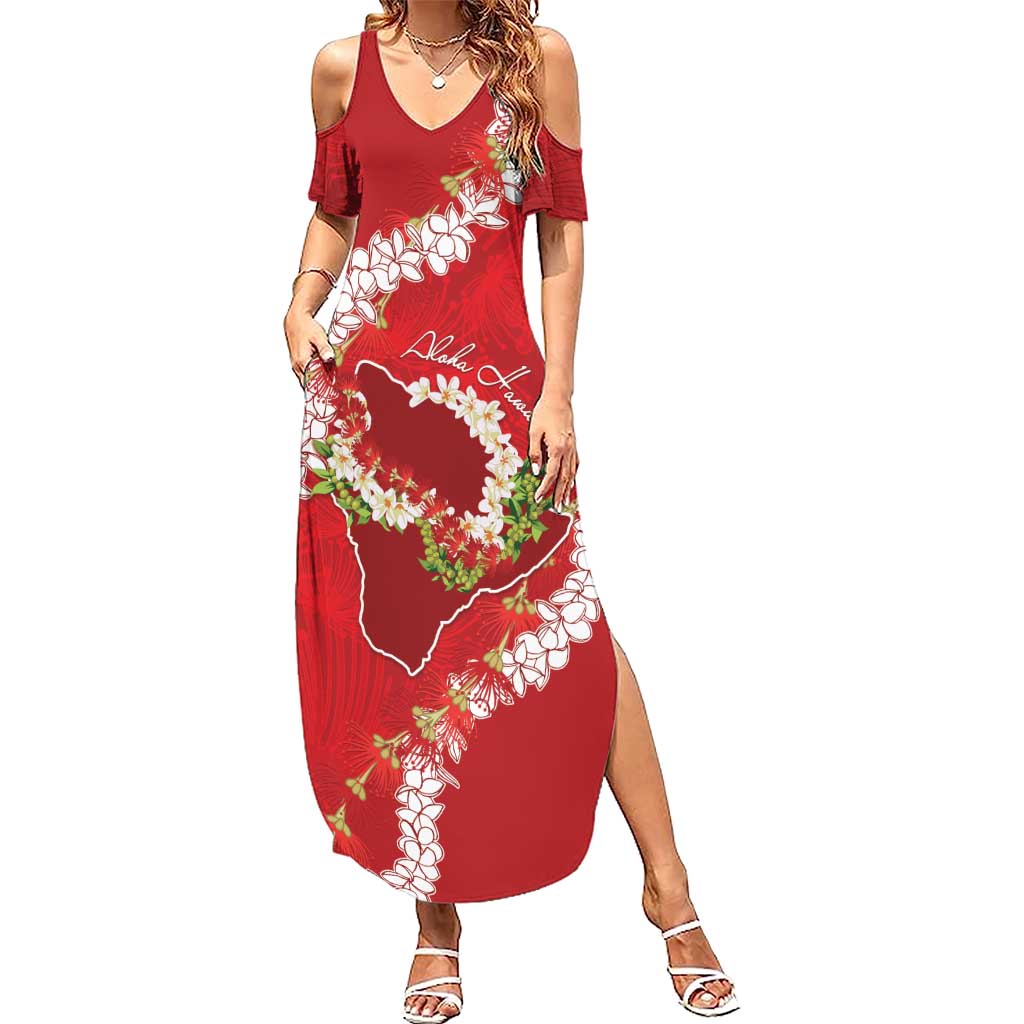 Hawaii Island Flowers Lei Summer Maxi Dress Ohia Lehua Scarlet Red
