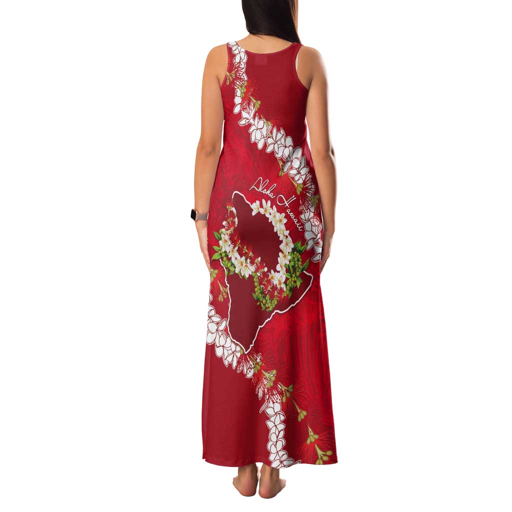 Hawaii Island Flowers Lei Tank Maxi Dress Ohia Lehua Scarlet Red