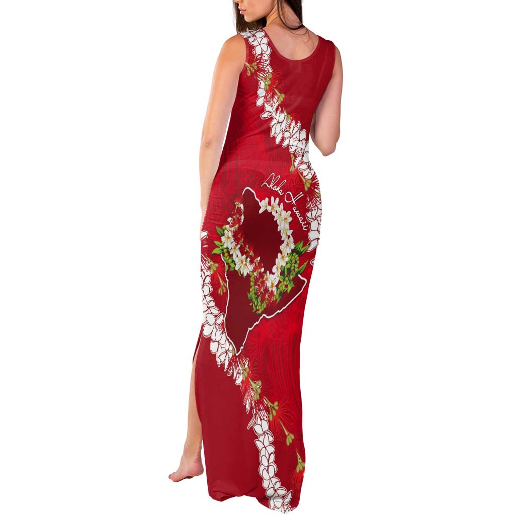 Hawaii Island Flowers Lei Tank Maxi Dress Ohia Lehua Scarlet Red