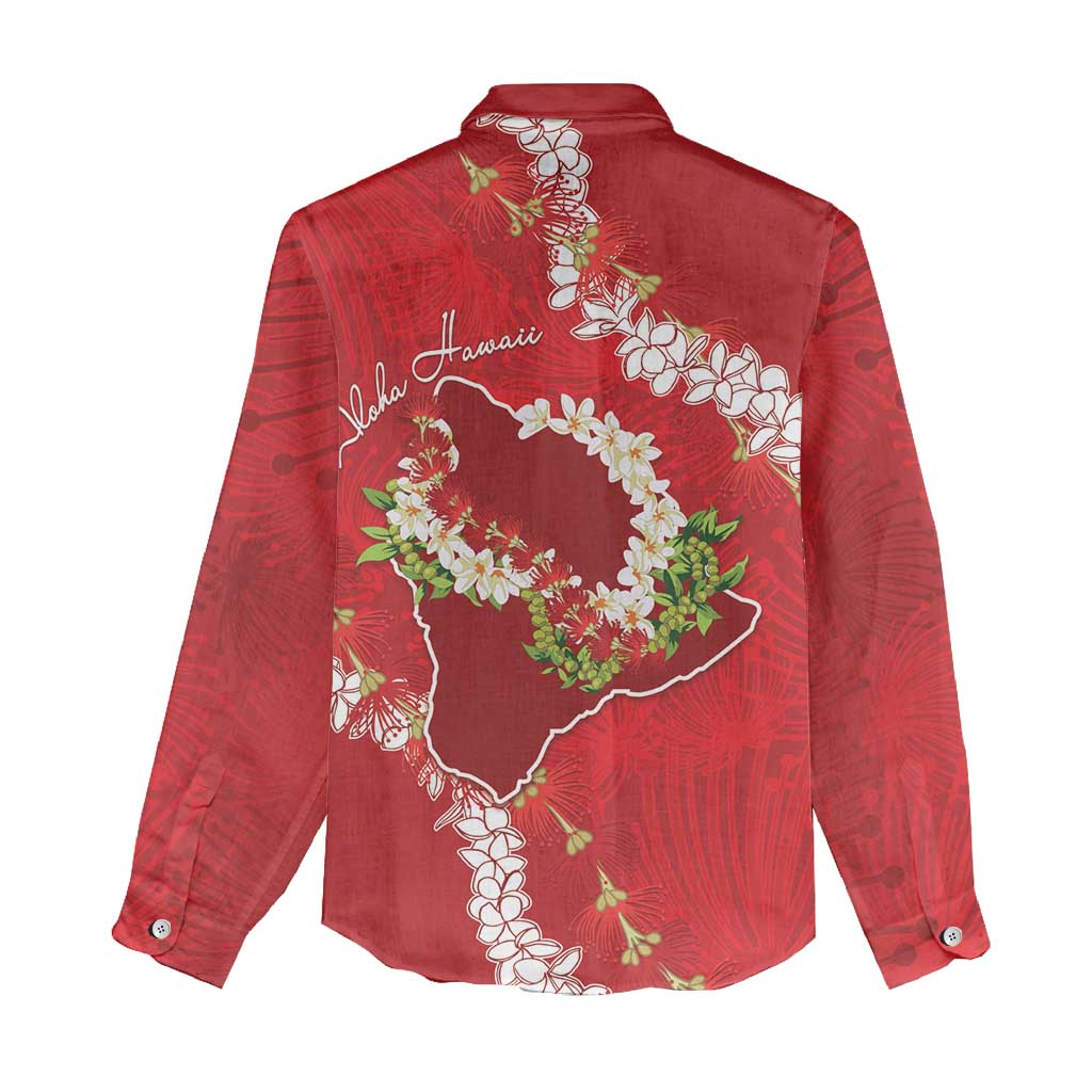 Hawaii Island Flowers Lei Women Casual Shirt Ohia Lehua Scarlet Red