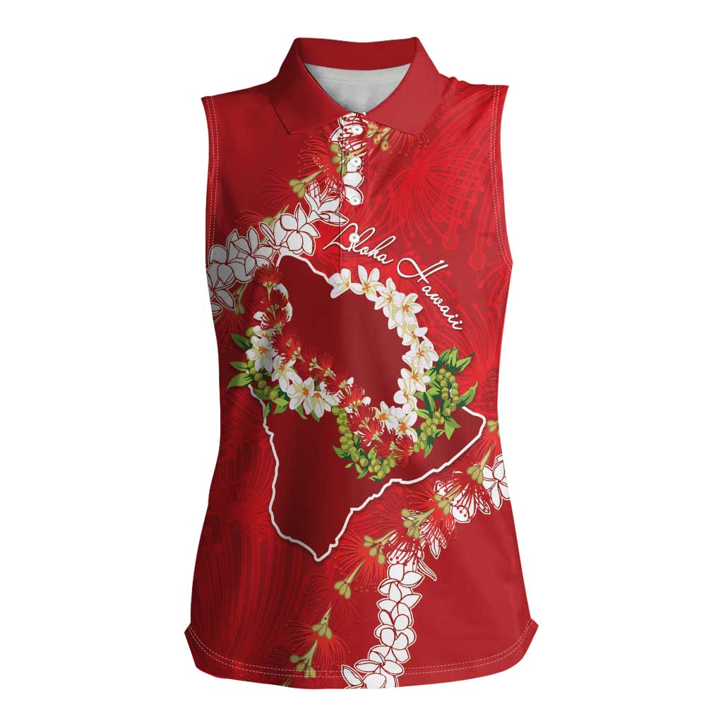 Hawaii Island Flowers Lei Women Sleeveless Polo Shirt Ohia Lehua Scarlet Red LT7 Female Red - Polynesian Pride
