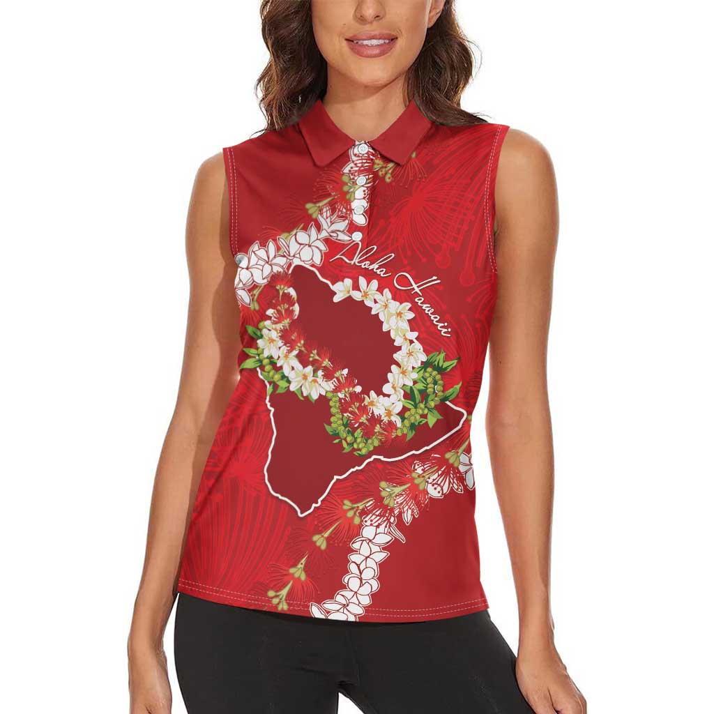 Hawaii Island Flowers Lei Women Sleeveless Polo Shirt Ohia Lehua Scarlet Red LT7 - Polynesian Pride
