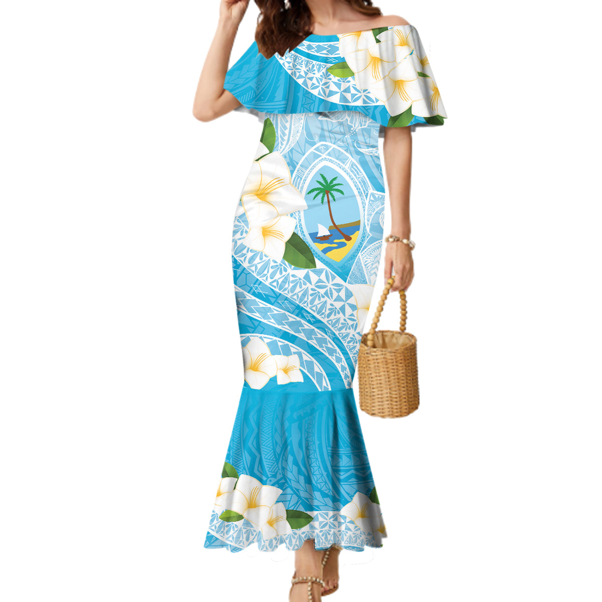 Guam Chamorro Guasali Flowers Family Matching Mermaid Dress and Hawaiian Shirt Aqua Gradient