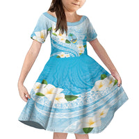 Guam Chamorro Guasali Flowers Family Matching Off The Shoulder Long Sleeve Dress and Hawaiian Shirt Aqua Gradient LT7 Daughter's Dress Aquamarine - Polynesian Pride