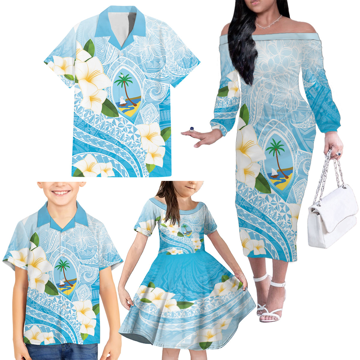 Guam Chamorro Guasali Flowers Family Matching Off The Shoulder Long Sleeve Dress and Hawaiian Shirt Aqua Gradient LT7 - Polynesian Pride