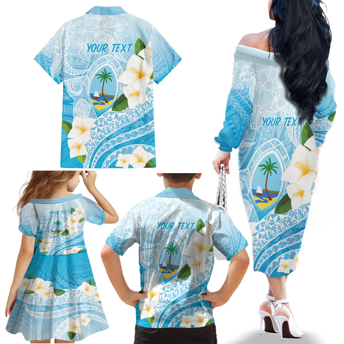 Guam Chamorro Guasali Flowers Family Matching Off The Shoulder Long Sleeve Dress and Hawaiian Shirt Aqua Gradient LT7 - Polynesian Pride