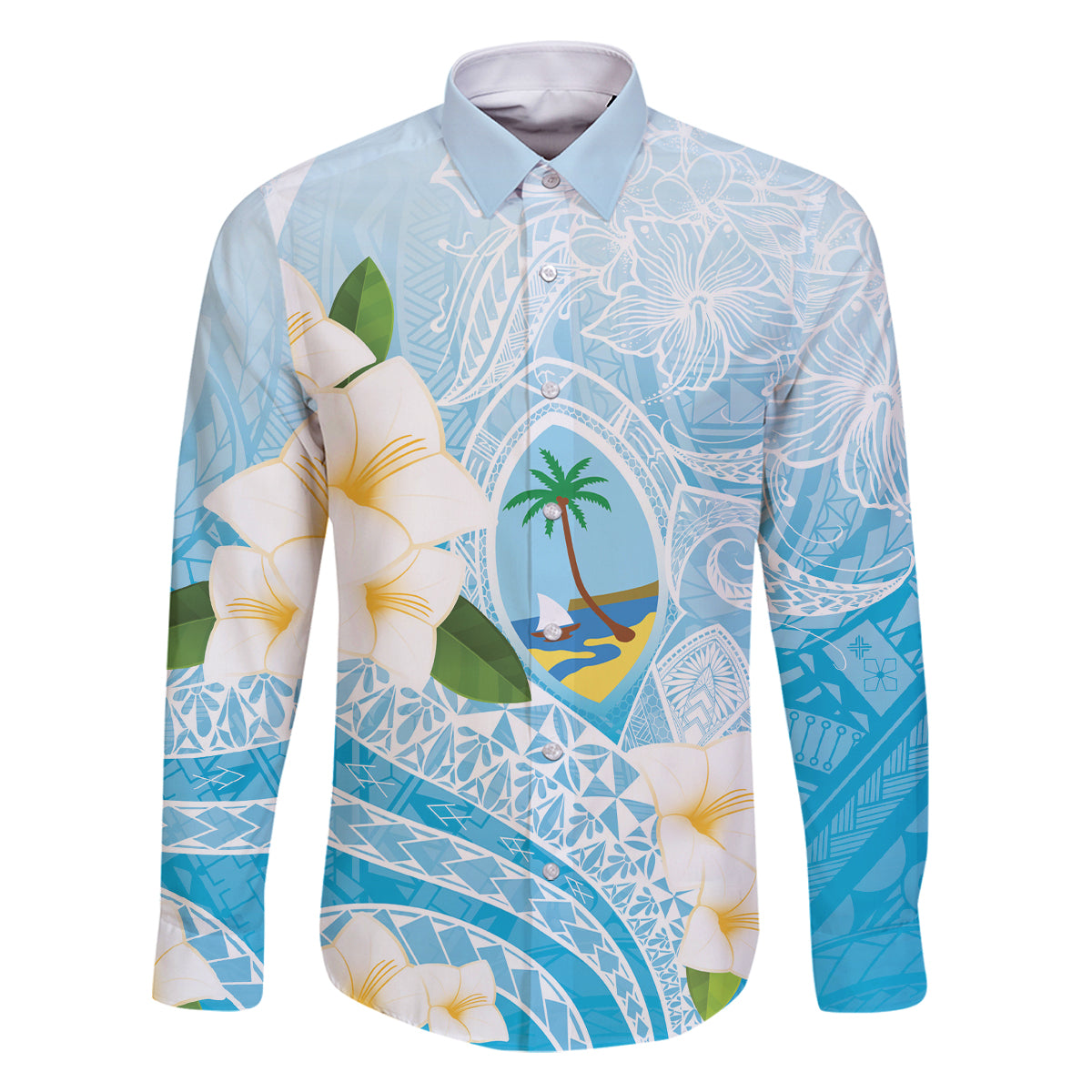 Guam Chamorro Guasali Flowers Family Matching Off The Shoulder Long Sleeve Dress and Hawaiian Shirt Aqua Gradient LT7 Dad's Shirt - Long Sleeve Aquamarine - Polynesian Pride