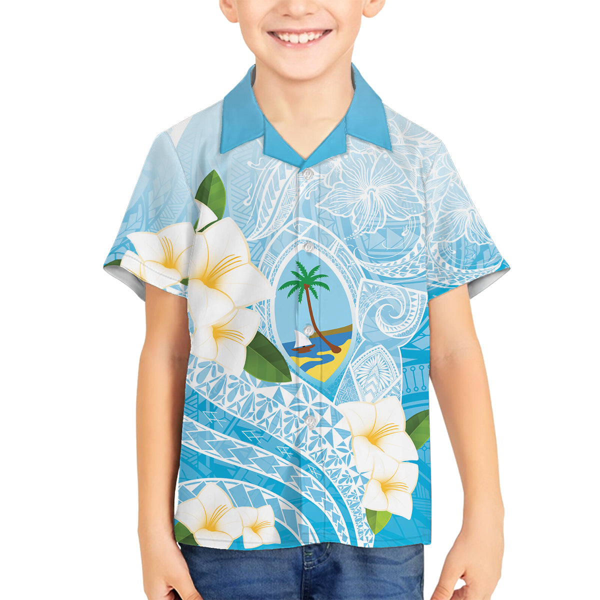 Guam Chamorro Guasali Flowers Family Matching Tank Maxi Dress and Hawaiian Shirt Aqua Gradient