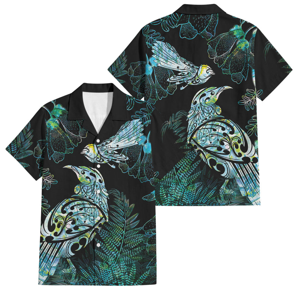 Aotearoa Maori Mahuru Family Matching Long Sleeve Bodycon Dress and Hawaiian Shirt Spring Time - Paua Shell Green LT7 Dad's Shirt - Short Sleeve Black - Polynesian Pride