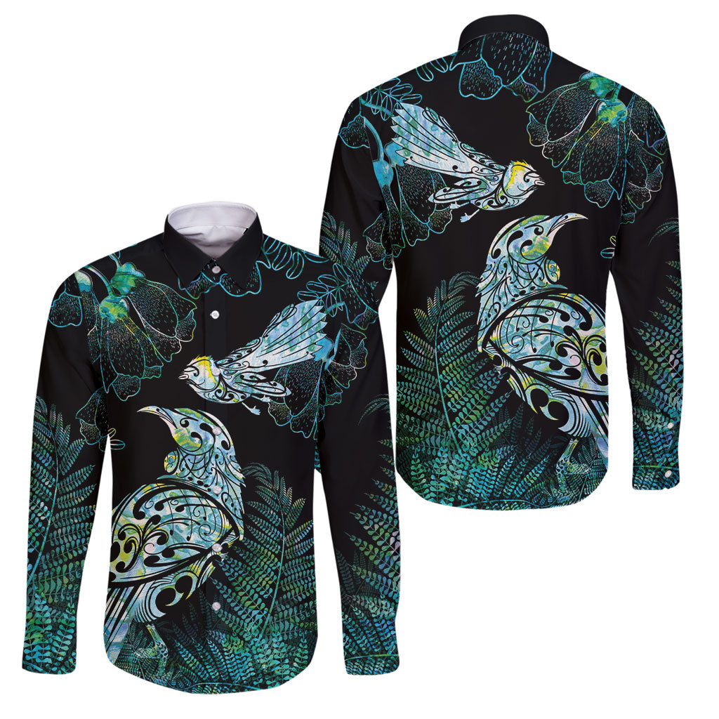 Aotearoa Maori Mahuru Family Matching Long Sleeve Bodycon Dress and Hawaiian Shirt Spring Time - Paua Shell Green LT7 Dad's Shirt - Long Sleeve Black - Polynesian Pride