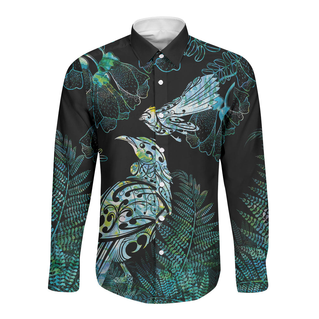 Aotearoa Maori Mahuru Long Sleeve Button Shirt Spring Time - Paua Shell Green LT7 Unisex Black - Polynesian Pride