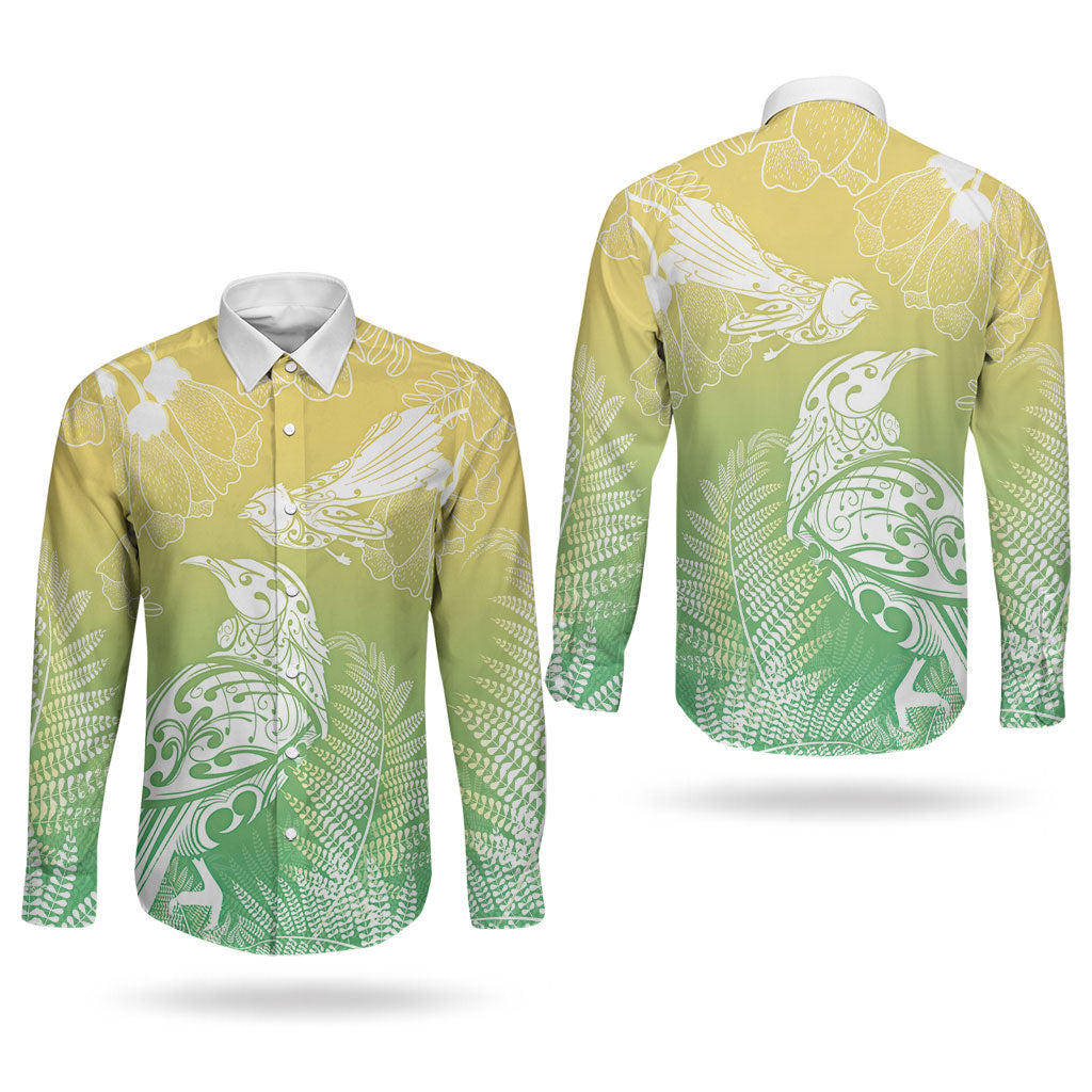 Aotearoa Maori Mahuru Tui With Pikawakawa Couples Matching Off The Shoulder Long Sleeve Dress and Long Sleeve Button Shirt Spring Time LT7 - Polynesian Pride