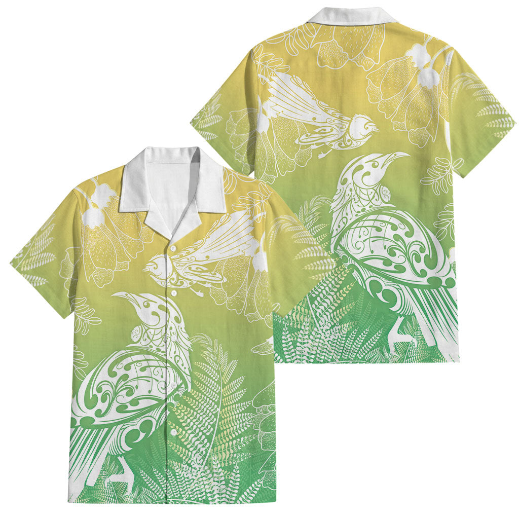 Aotearoa Maori Mahuru Tui With Pikawakawa Family Matching Off The Shoulder Long Sleeve Dress and Hawaiian Shirt Spring Time LT7 Dad's Shirt - Short Sleeve Green - Polynesian Pride